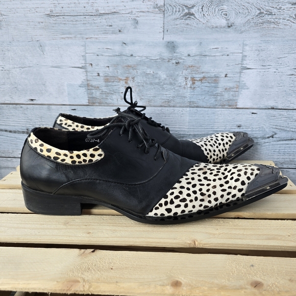 Zota Unique Other - Zota G737-4 Black White Leopard Hair Lace Up Pointed Toe Shoes Metal Tip Size 10